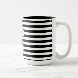 Yellow flowers on black and white stripes Two-Tone coffee mug