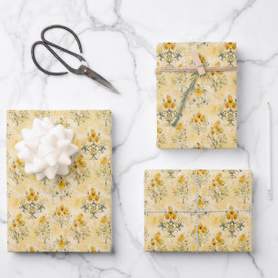 Yellow Flowers on Distressed Yellow Wrapping Paper Sheet