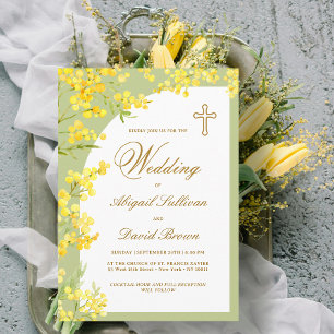 Yellow Flowers on Lime Green Religious Wedding Invitation