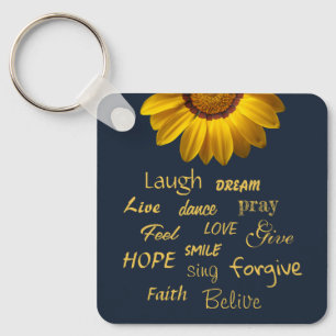 Yellow Flowers on Navy Blue background Monogram Key Ring