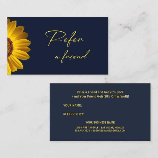 Yellow Flowers on Navy Blue background Monogram  Referral Card (Front/Back)