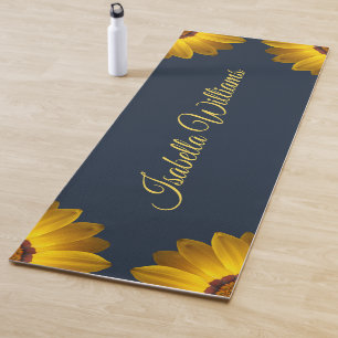 Yellow Flowers on Navy Blue background Monogram  Yoga Mat