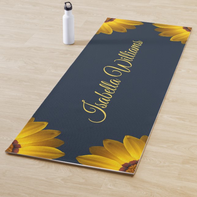 Yellow Flowers on Navy Blue background Monogram  Yoga Mat (In Situ)