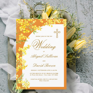 Yellow Flowers on Orange Religious Wedding Invitation