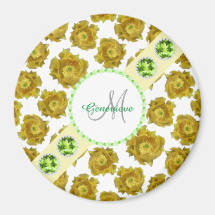 Yellow Flowers on White, Green Gemstones & Pearls Magnet