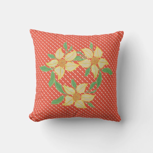 Yellow Flowers on White Stitch Orange Throw Pillow (Front)