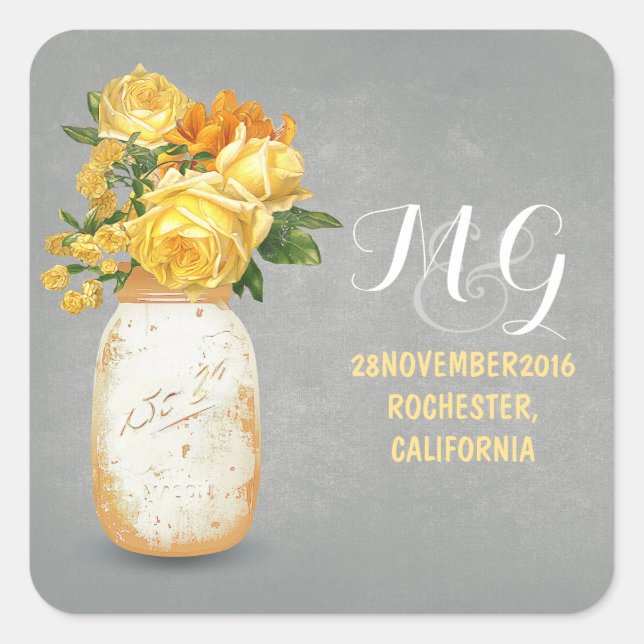 Yellow flowers painted mason jar wedding stickers (Front)