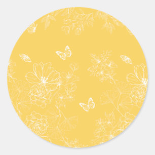 Yellow Flowers Pattern, Floral, Minimalist Classic Round Sticker