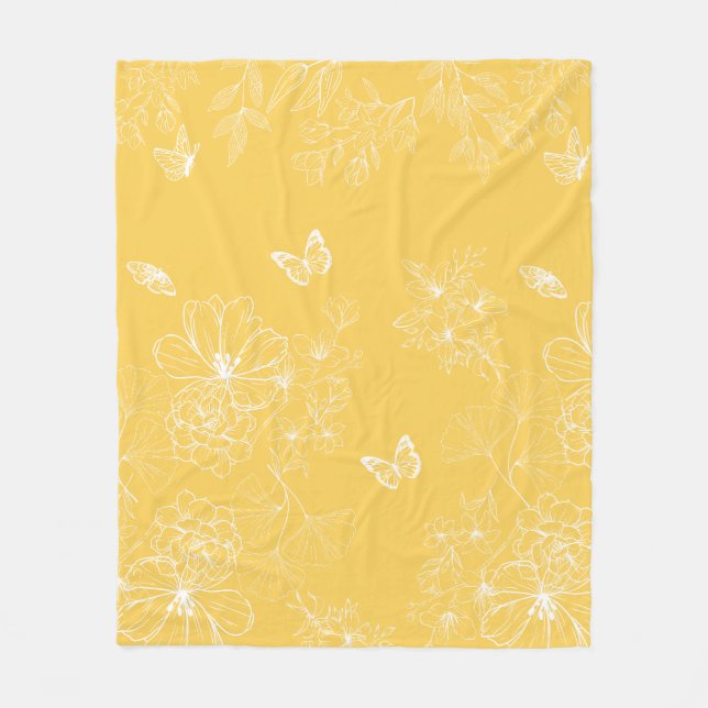 Yellow Flowers Pattern, Floral, Minimalist Fleece Blanket (Front)