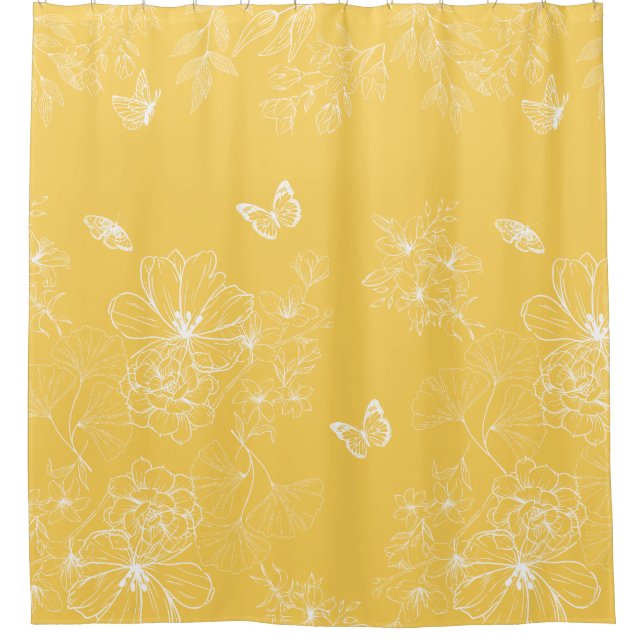 Yellow Flowers Pattern, Floral, Minimalist Shower Curtain (Front)
