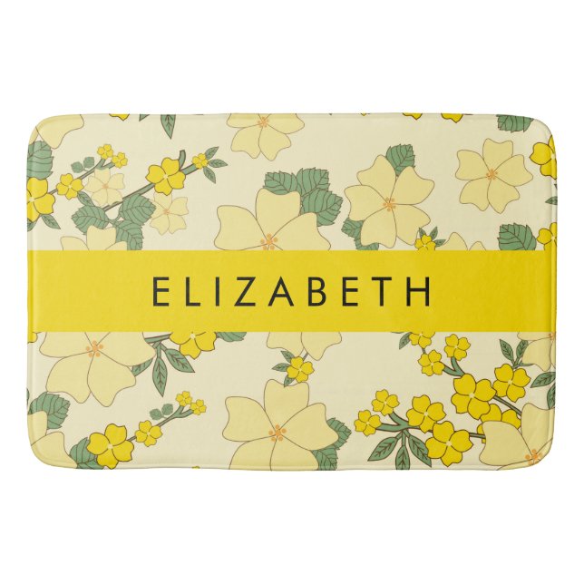 Yellow Flowers, Pattern Of Flowers, Your Name Bath Mat (Front)