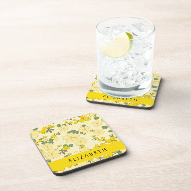 Yellow Flowers, Pattern Of Flowers, Your Name Coaster (Right Side)