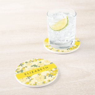 Yellow Flowers, Pattern Of Flowers, Your Name Coaster