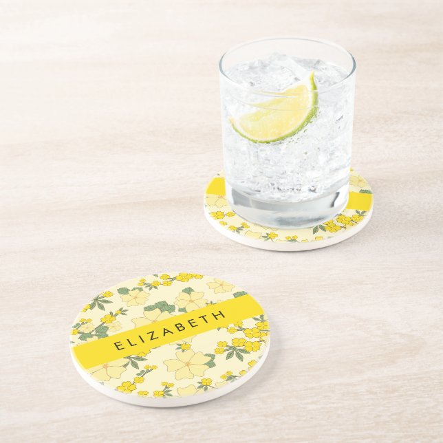 Yellow Flowers, Pattern Of Flowers, Your Name Coaster (Side)