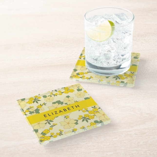 Yellow Flowers, Pattern Of Flowers, Your Name Glass Coaster (Angled)