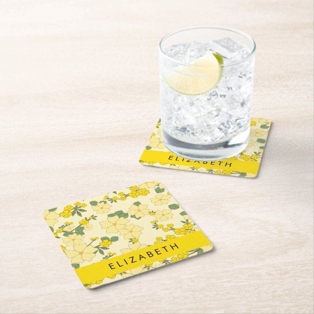 Yellow Flowers, Pattern Of Flowers, Your Name Square Paper Coaster (Insitu)