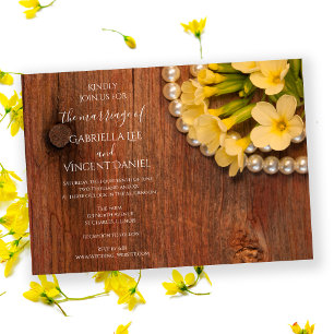 Yellow Flowers, Pearls, Barn Wood Country Wedding Invitation