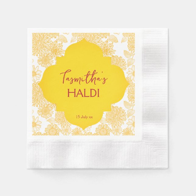 Yellow flowers personalised name Haldi napkins (Front)