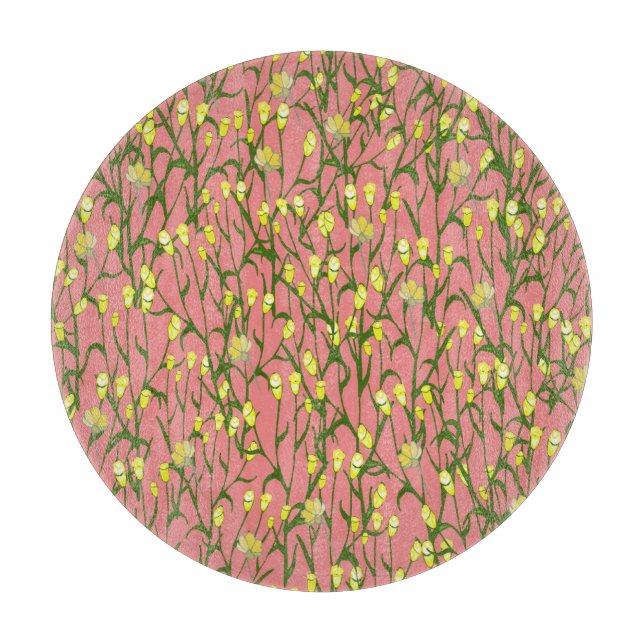 Yellow Flowers Pink Background Vintage Cutting Board (Front)