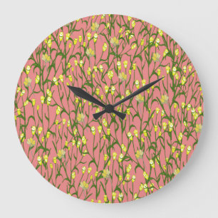 Yellow Flowers Pink Background Vintage Large Clock