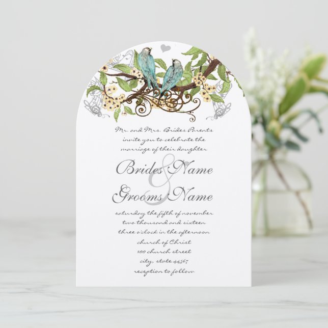 Yellow Flowers Pool Blue Birds Wedding Invite (Standing Front)
