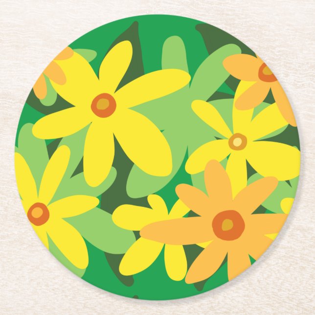 Yellow flowers round paper coaster (Front)