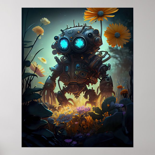 Yellow Flowers Sci-fi Robot Poster (Front)