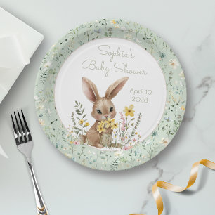 Yellow Flowers Somebunny On The Way Baby Shower Paper Plate
