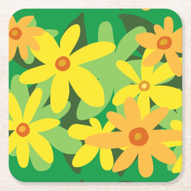 Yellow flowers square paper coaster (Front)