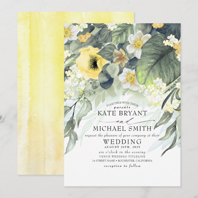 Yellow Flowers Summer Garden Romantic Wedding Invitation (Front/Back)