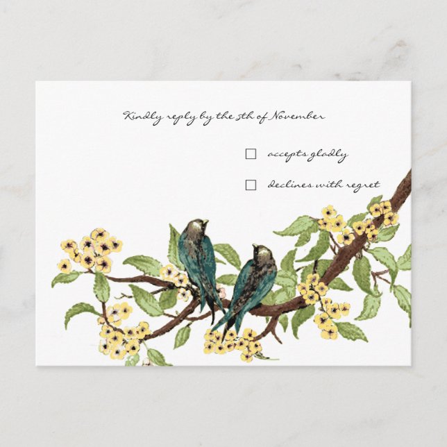 Yellow Flowers Teal Vintage Birds Response Card (Front)