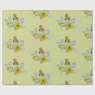 Yellow flowers teddy bears floral narcissus baby wrapping paper
