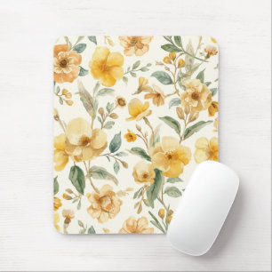 Yellow Flowers Watercolor Botanical Floral Mouse Mat