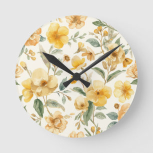 Yellow Flowers Watercolor Botanical Floral Round Clock