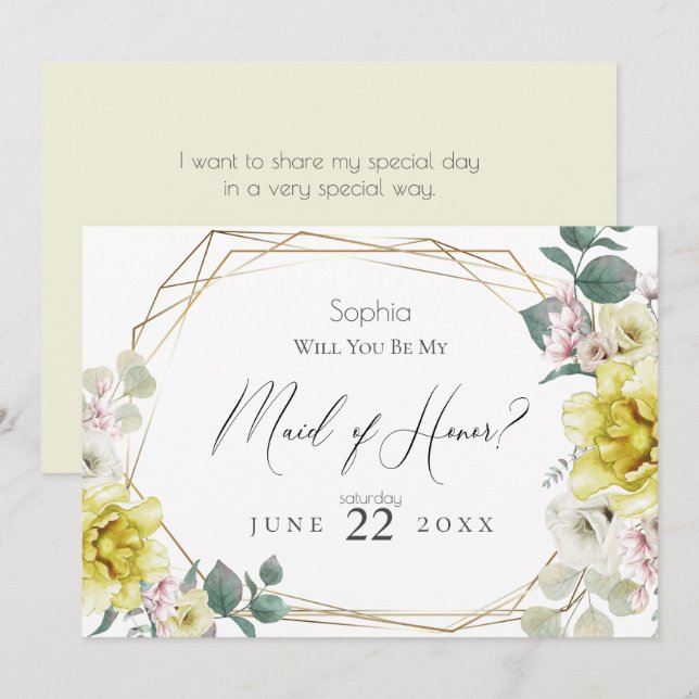 Yellow Flowers Will You Be My Maid of Honour Invitation (Front/Back)