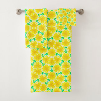 Yellow Flowers with Green Geometric Shapes Bath Towel Set
