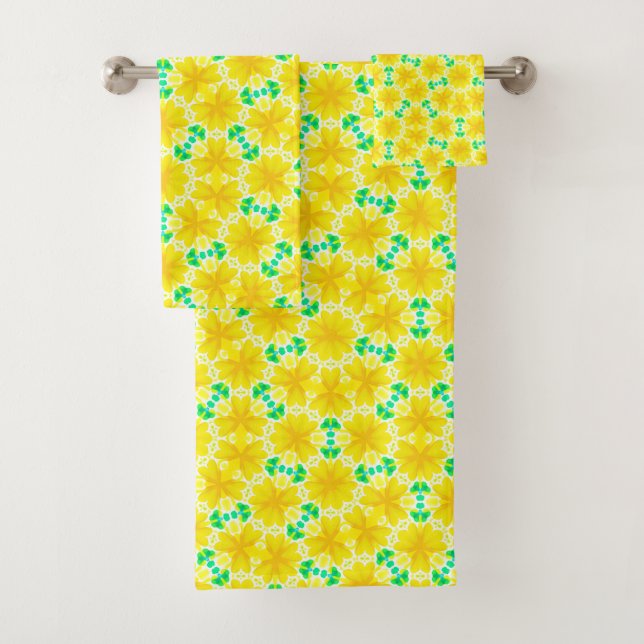  Yellow Flowers with Green Geometric Shapes Bath Towel Set (Insitu)