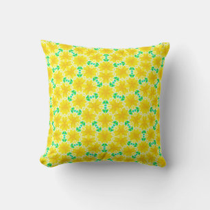 Yellow Flowers with Green Geometric Shapes Cushion