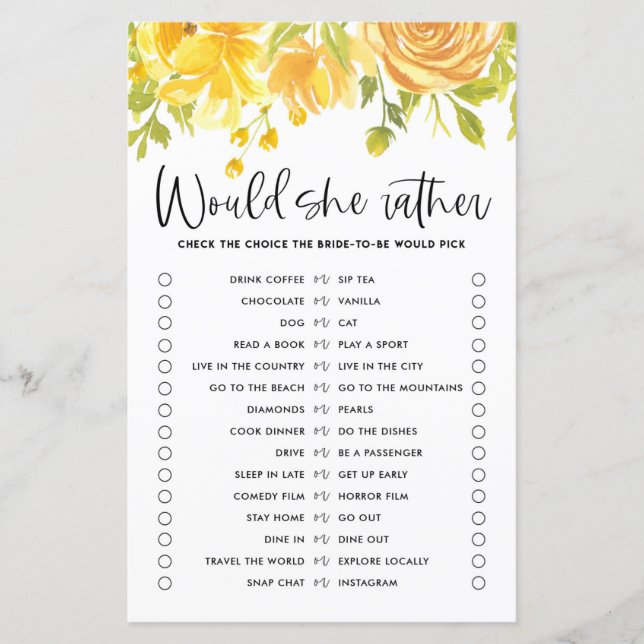Yellow Flowers Would She Rather Bridal Shower Game (Front)