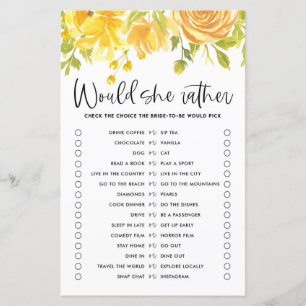 Yellow Flowers Would She Rather Bridal Shower Game