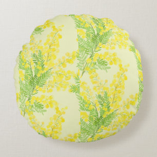 Yellow fluffy mimosa flower round cushion