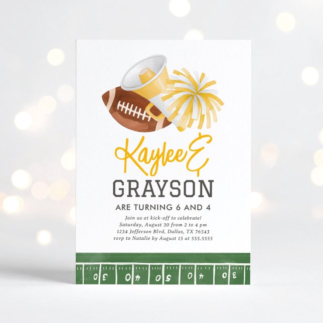 Yellow Football and Cheerleading Joint Birthday Invitation (Creator Uploaded)