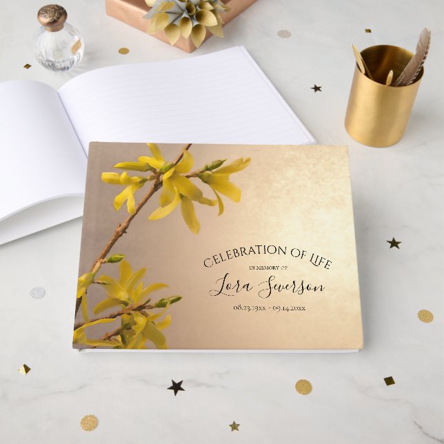 Yellow Forsythia Celebration of Life Memorial Guest Book (Front Open)