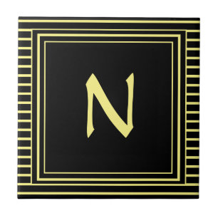 Yellow Frame Monogram Letter N Stripes Tile