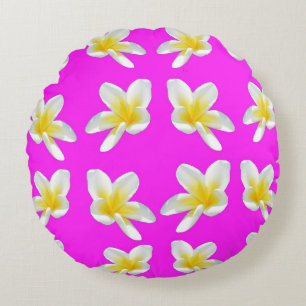 Yellow Frangipani Flowers On Pink, Round Cushion
