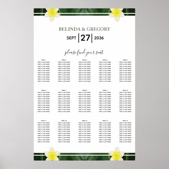 Yellow Frangipani Plumeria Wedding Seating Chart (Front)