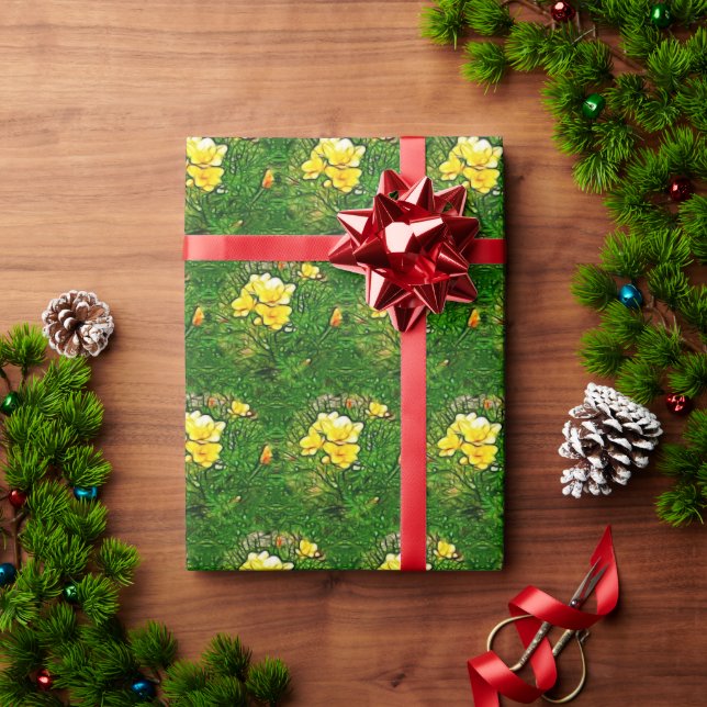 Yellow Freesia Flower on Green Leaves Wrapping Paper (Holiday Gift)