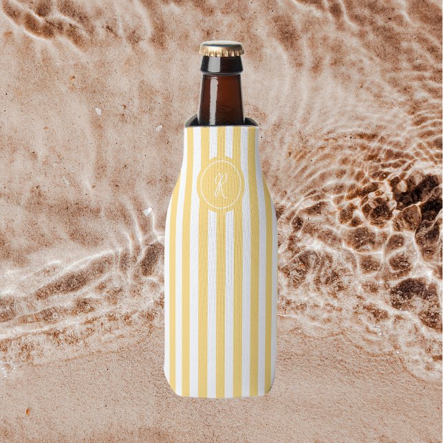 Yellow French Beach Stripe Personalised Monogram Bottle Cooler (Creator Uploaded)