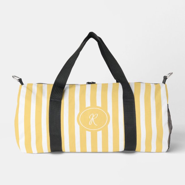 Yellow French Beach Stripe Personalised Monogram Duffle Bag (Front)