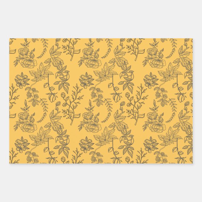 Yellow French country floral pattern  Wrapping Paper Sheet (Front)